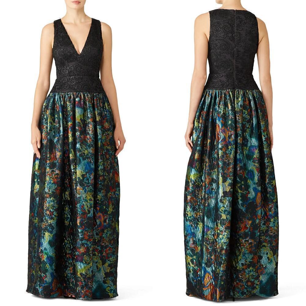 ML Monique Lhuillier Jacquard Dress Floral Metallic Sleeveless Ball Gown Teal 4